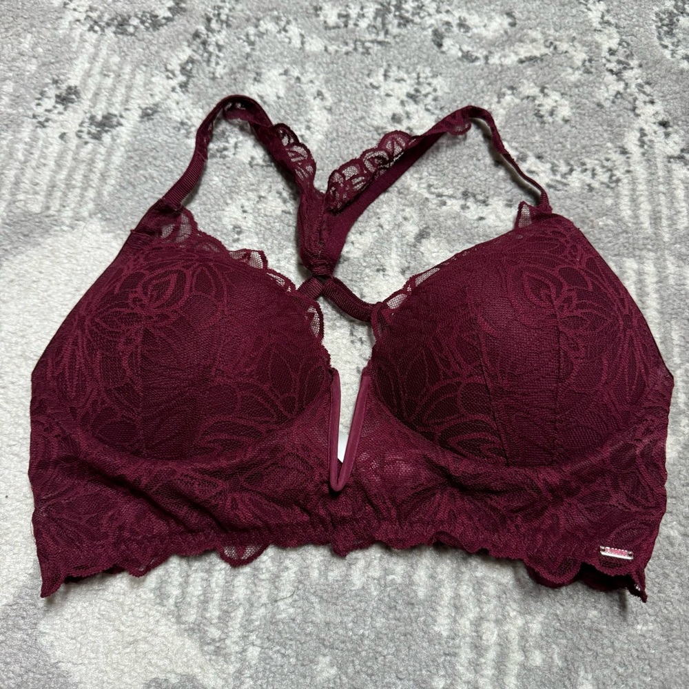 Victoria’s Secret PINK Date Push-up Maroon V Wire Plunge Balconet Lace Bralette